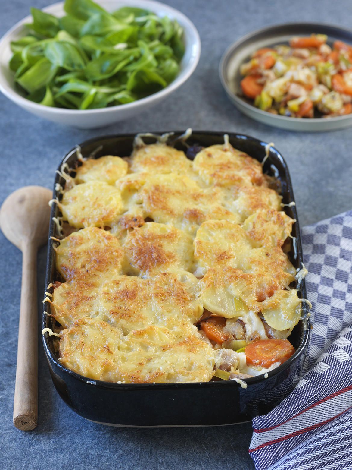 Gratin de légumes d’hiver, chèvre et lardons